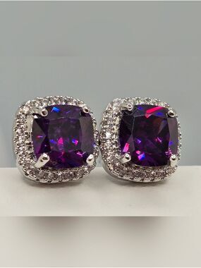Amethyst Cushion Cut Halo Stud Earrings 925 Sterling Silver Purple Sparkly